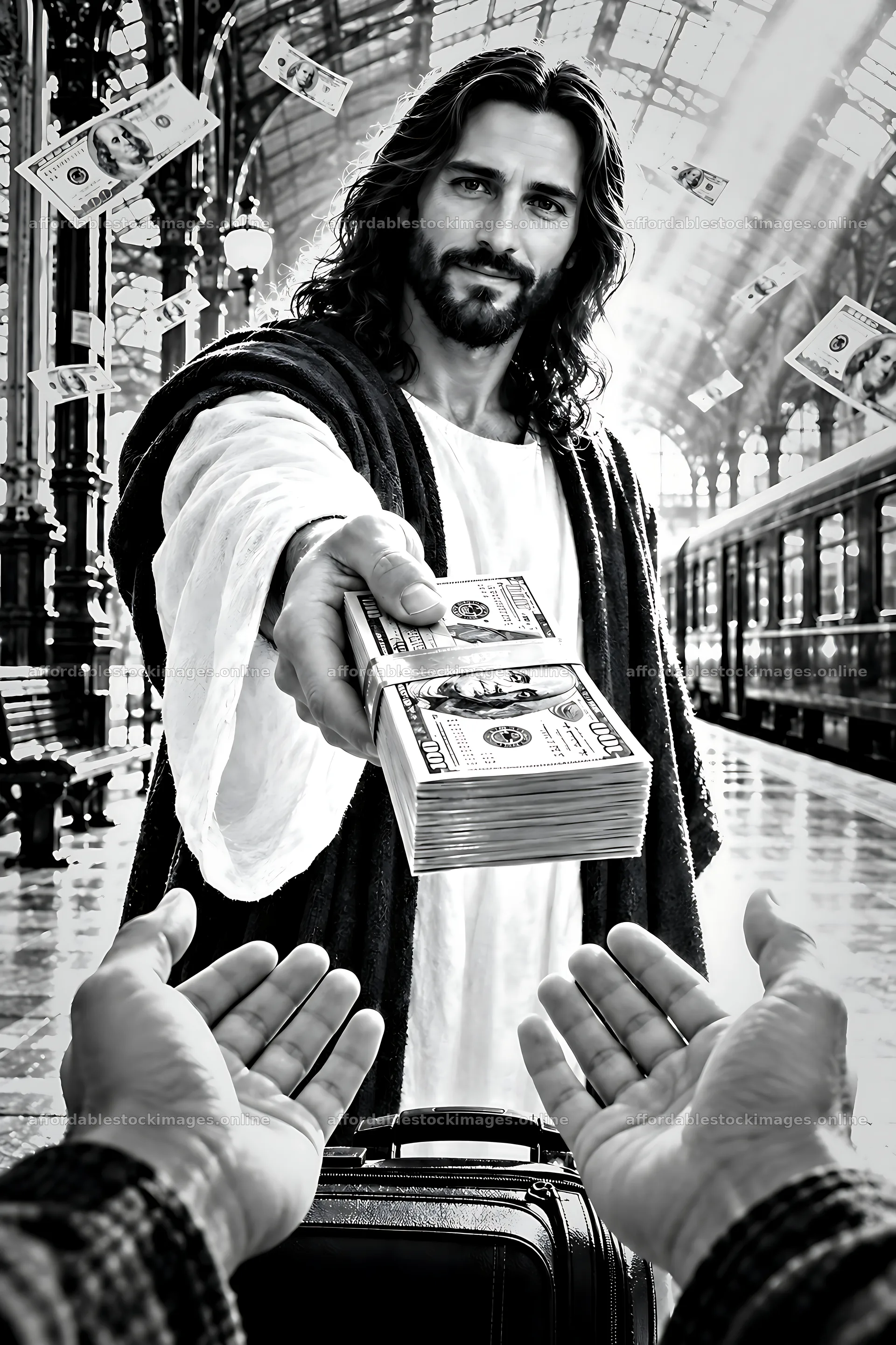 Man in robes handing money at a train station – stock images 6480x9722
