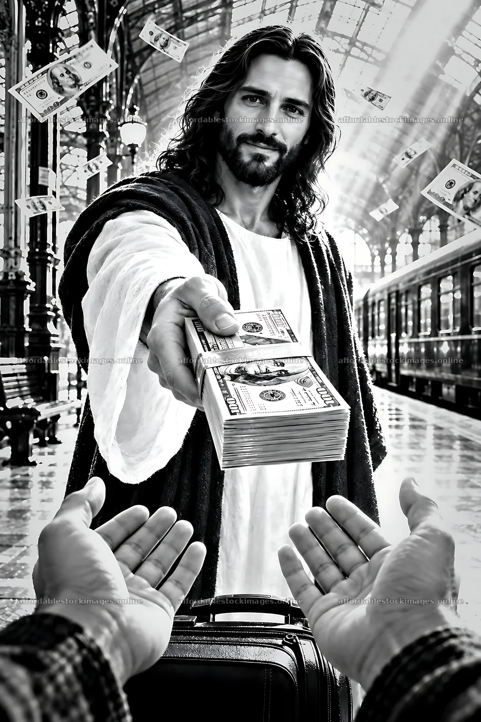 Man in robes handing money at a train station – stock images 6480x9722