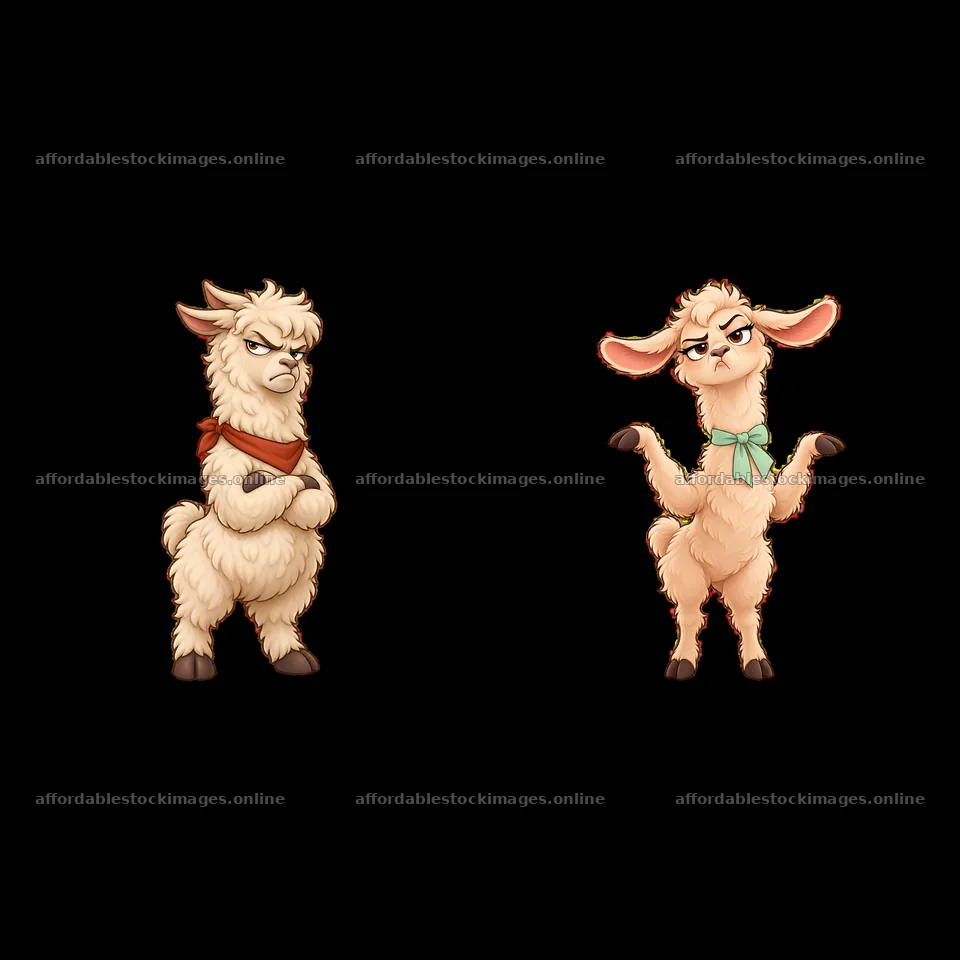 Grumpy llamas with accessories in playful poses – stock images 7746x7746