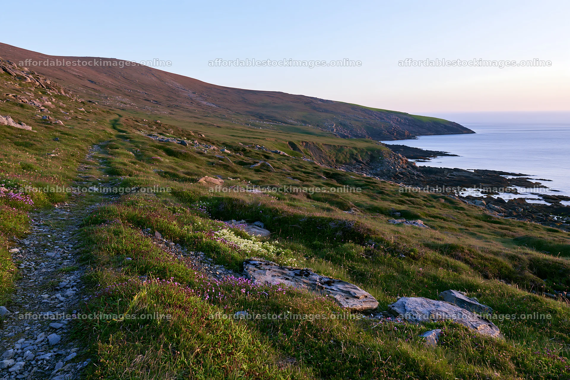Sunrise over rocky coast and meadow pathway near the shore – stock images 9722x6480