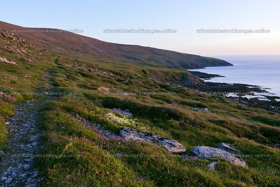 Sunrise over rocky coast and meadow pathway near the shore – stock images 9722x6480