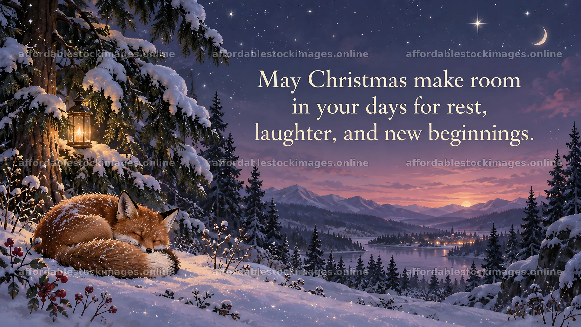 Christmas Greeting with a Sleeping Fox in Snow – stock images 10324x5812