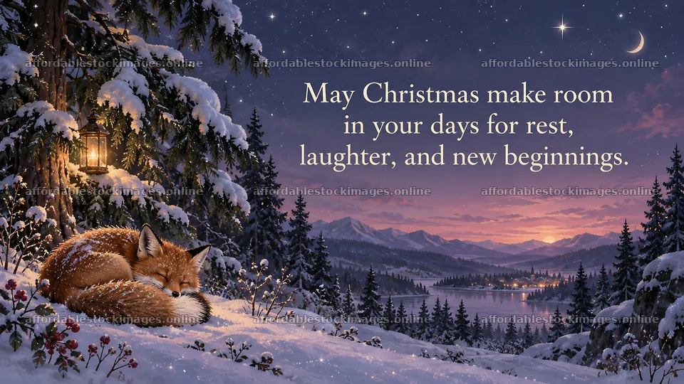 Christmas Greeting with a Sleeping Fox in Snow – stock images 10324x5812