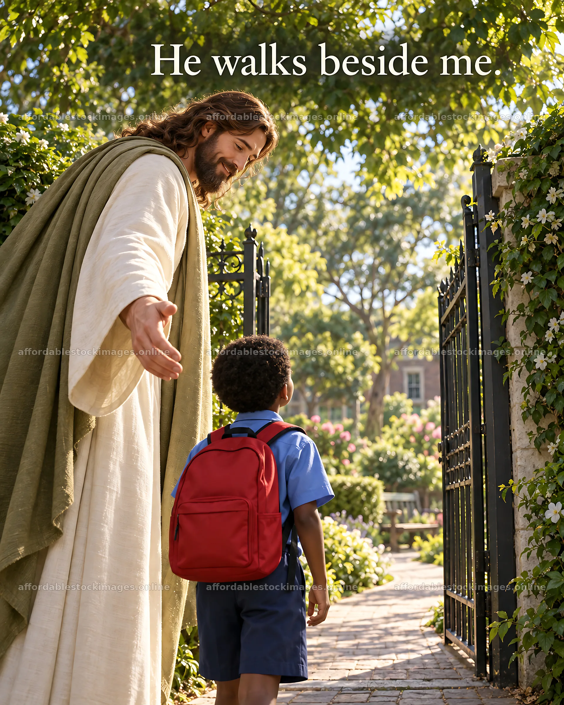 Jesus Christ walks beside a child in a garden path – stock images 6930x8659
