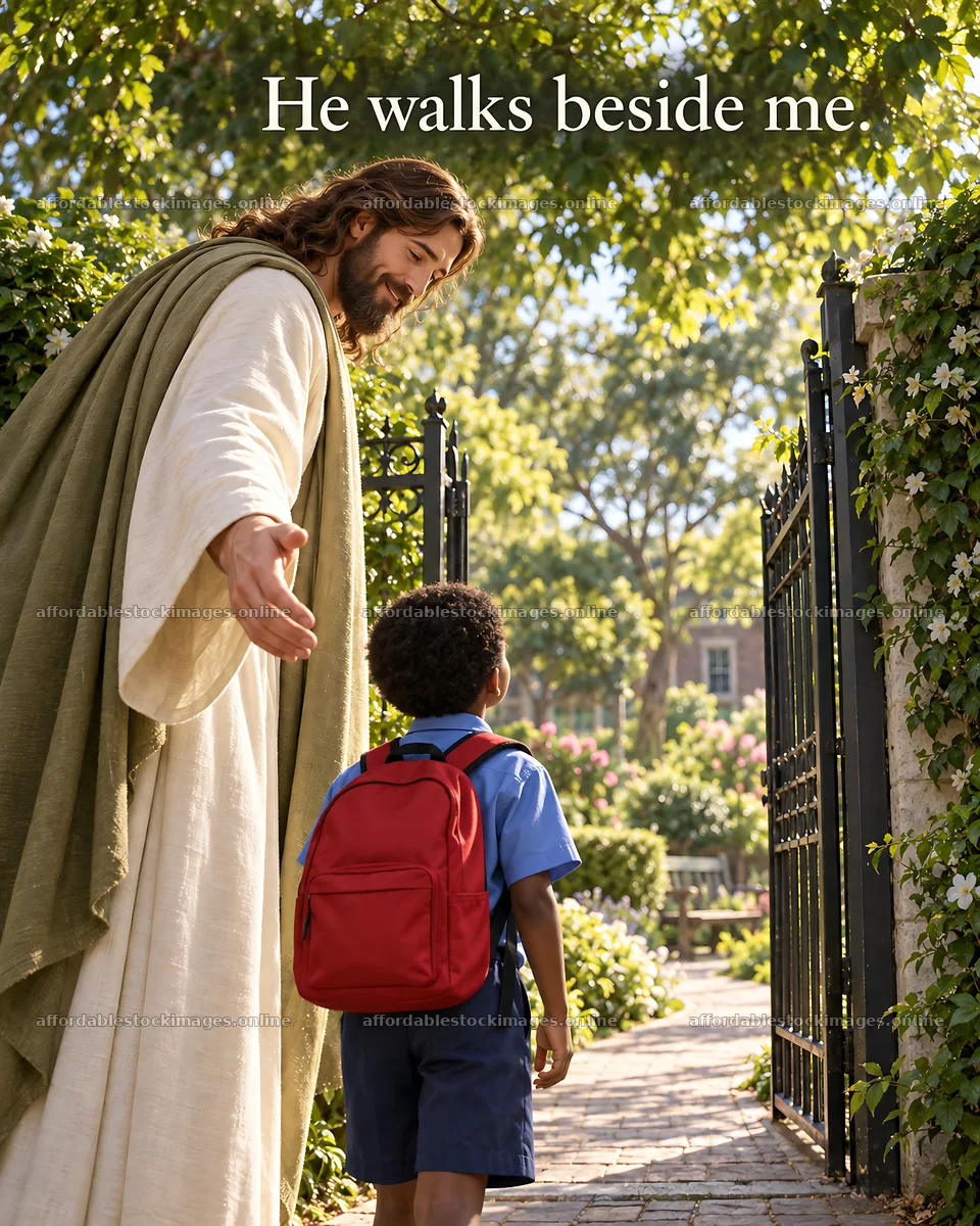 Jesus Christ walks beside a child in a garden path – stock images 6930x8659