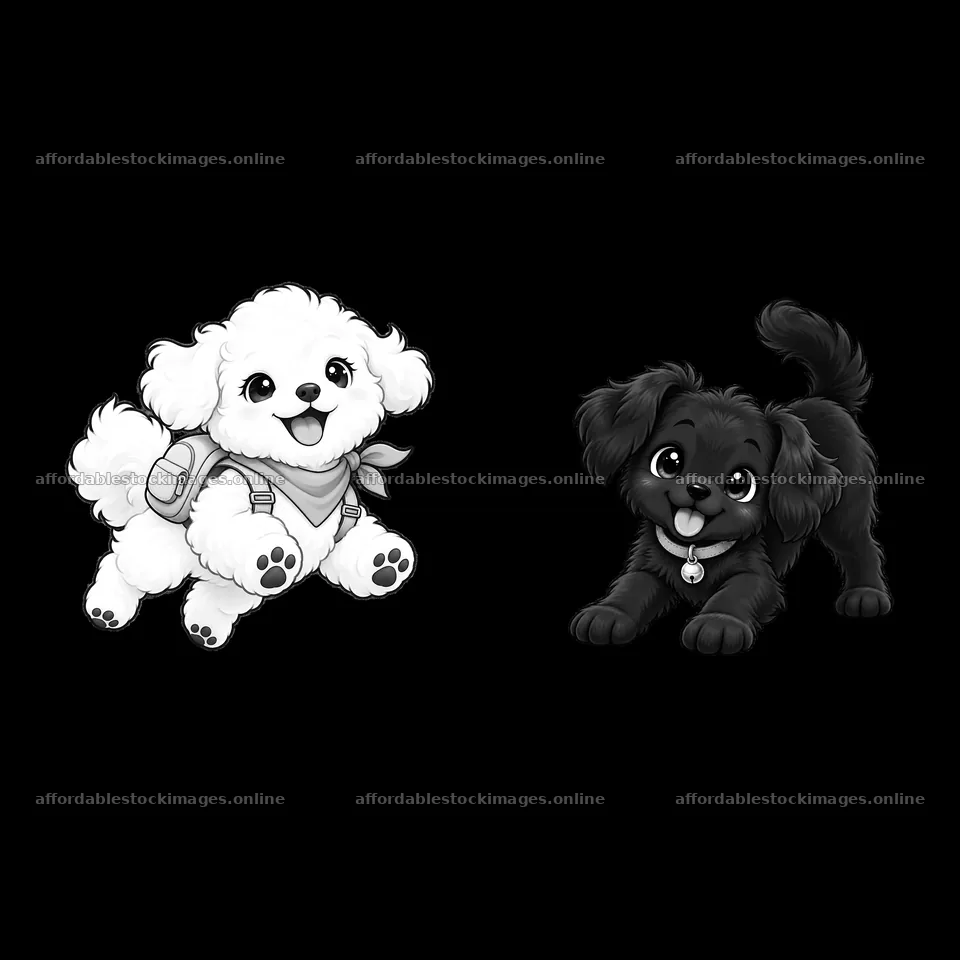 Cute dog pair in black and white cartoon illustration – stock images 7746x7746