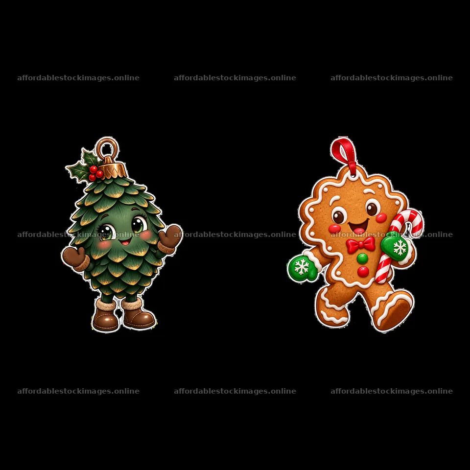 Cute Christmas tree and gingerbread man cartoon ornaments – stock images 7746x7746