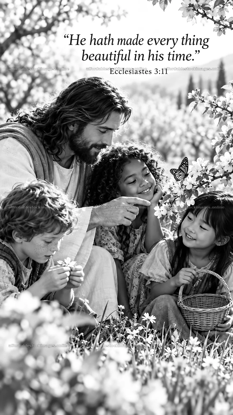 Jesus Christ sharing a moment with children in nature – stock images 5811x10326