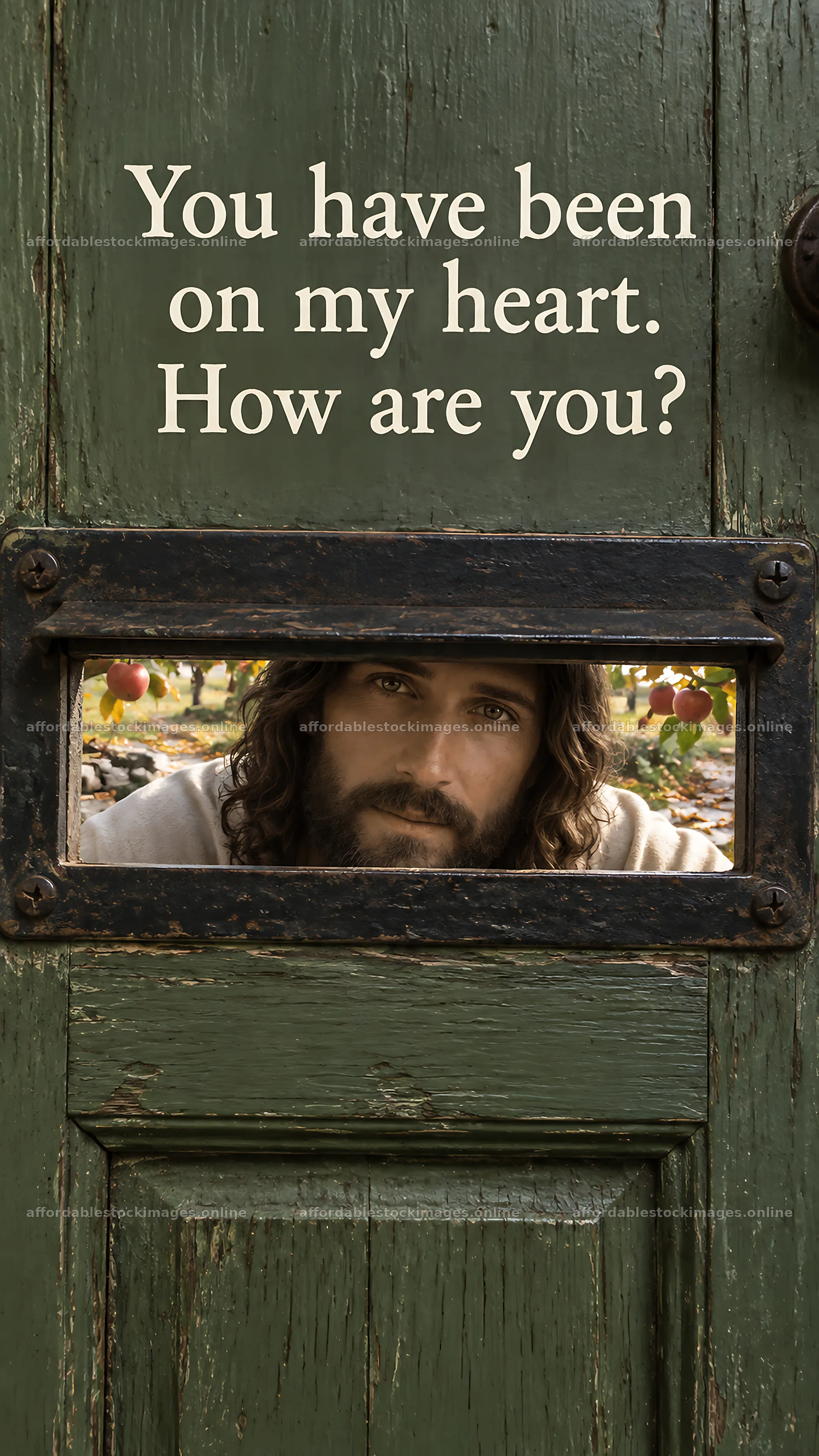 Jesus Christ behind a door asking how you are – stock images 5811x10326