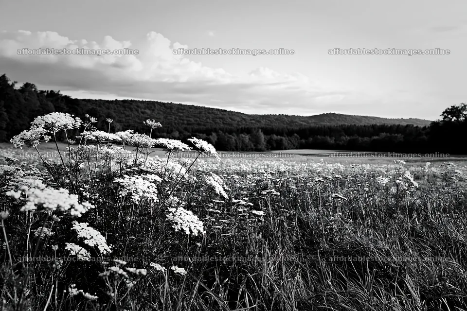 Sunny umbel flowers in a meadow with hills in the background – stock images 9722x6480