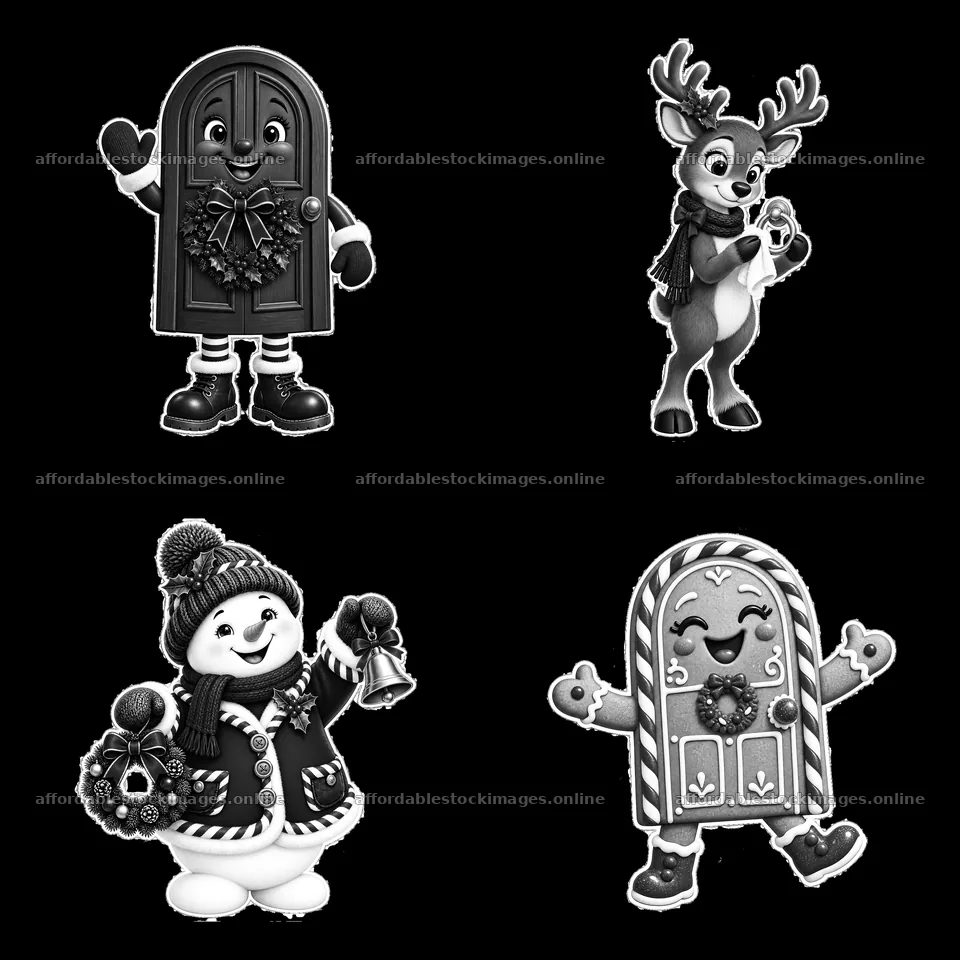 Christmas-themed door and characters in black and white – stock images 7746x7746