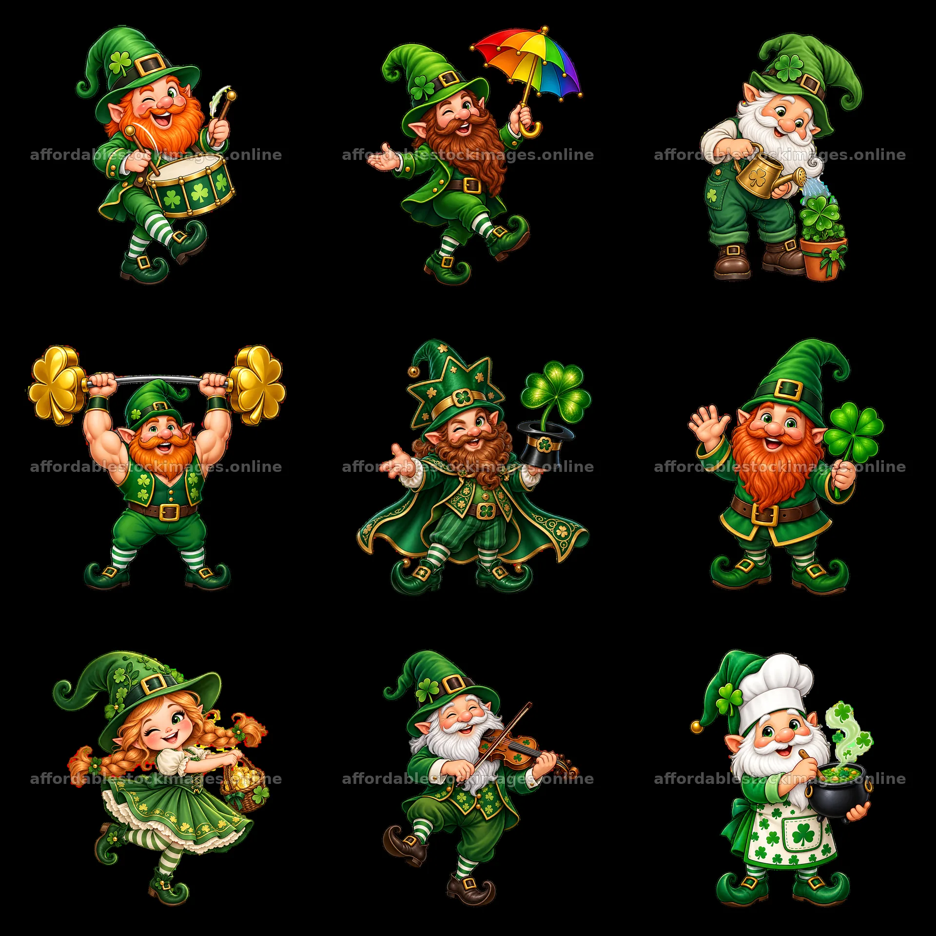 St. Patrick's Day gnomes in various festive activities – stock images 7746x7746
