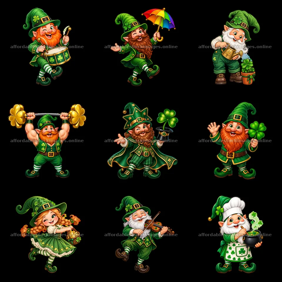 St. Patrick's Day gnomes in various festive activities – stock images 7746x7746