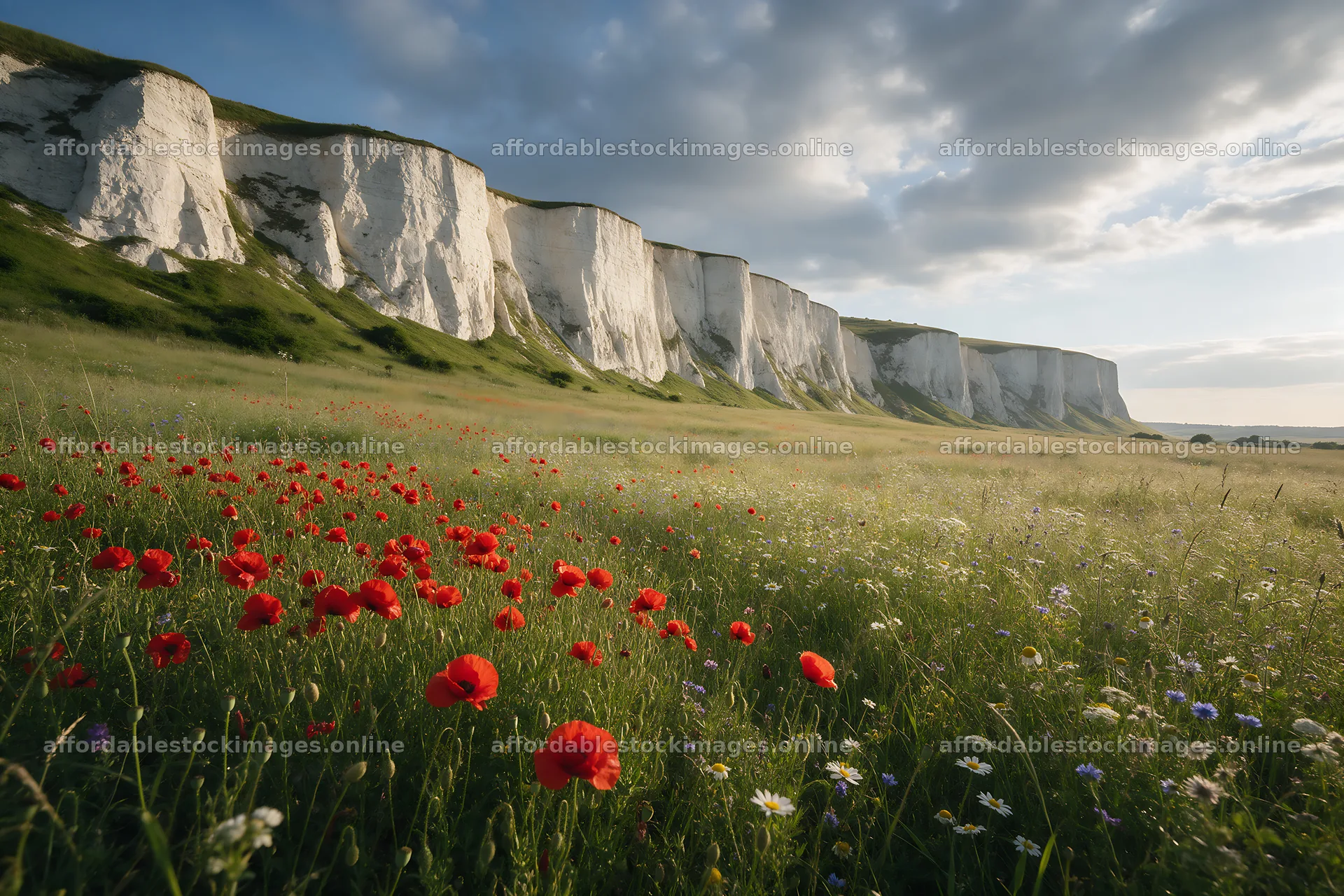 Sunny limestone meadow with poppies and cliffs – stock images 9722x6480