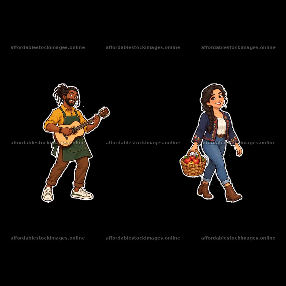 Musician playing guitar and woman carrying basket of apples – stock images 7746x7746