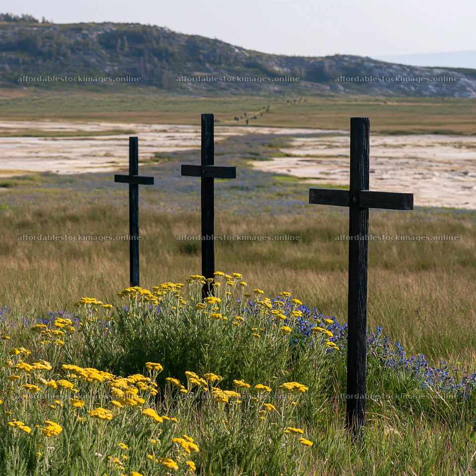 Christian crosses beside mineral spring meadow in nature – stock images 7938x7938