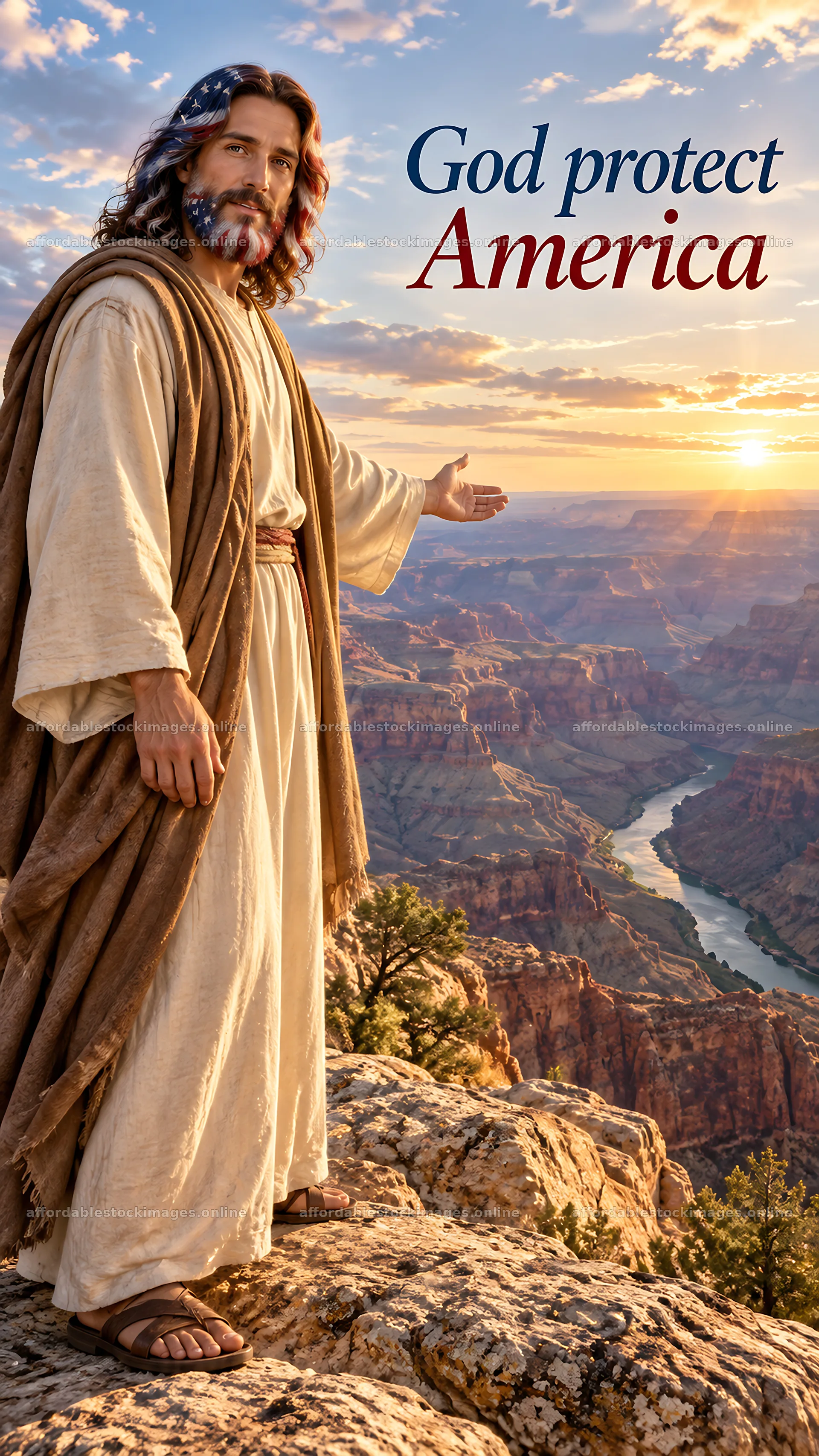 Jesus Christ welcomes viewers at the Grand Canyon – stock images 5811x10326