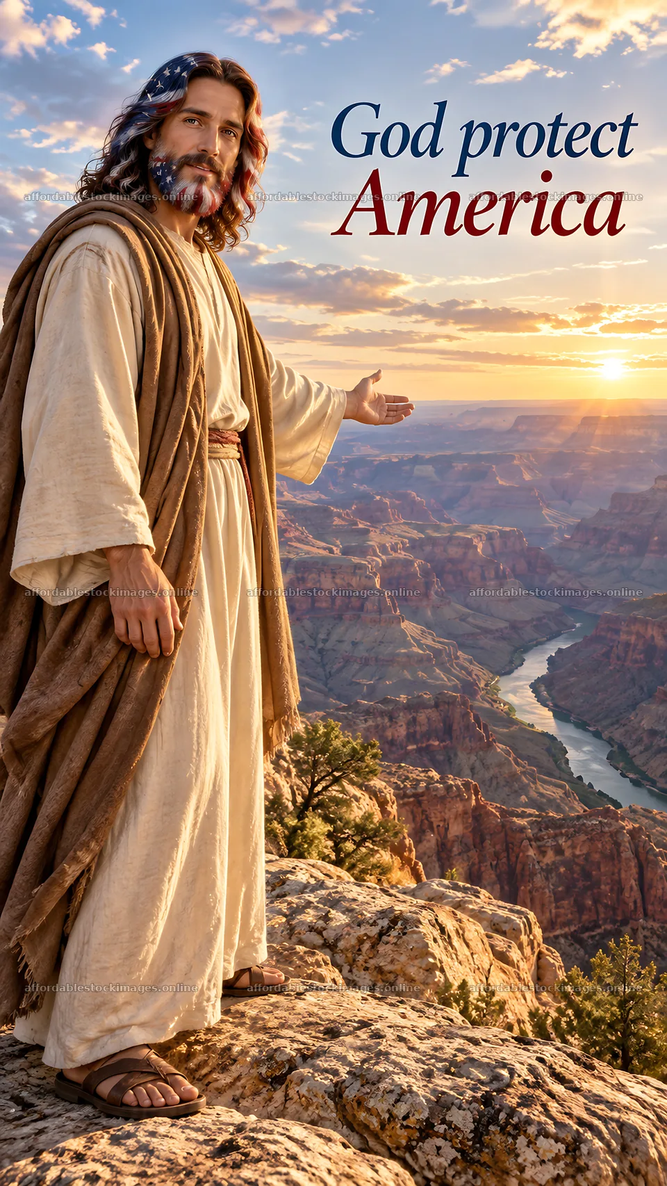 Jesus Christ welcomes viewers at the Grand Canyon – stock images 5811x10326