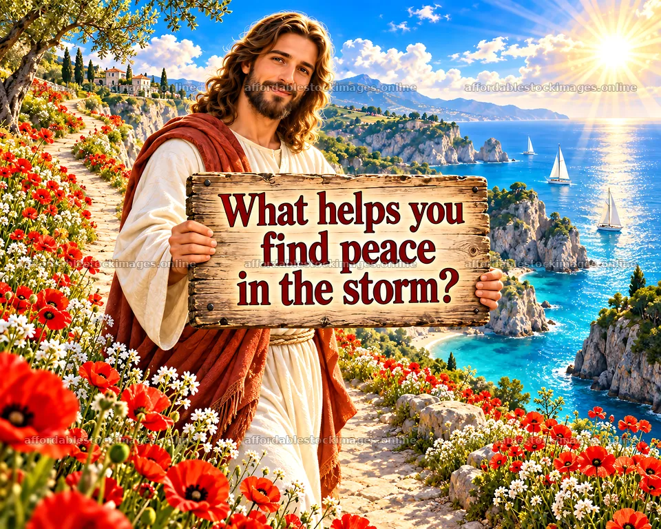 Jesus Christ holding a sign asking about finding peace in storms – stock images 8659x6930