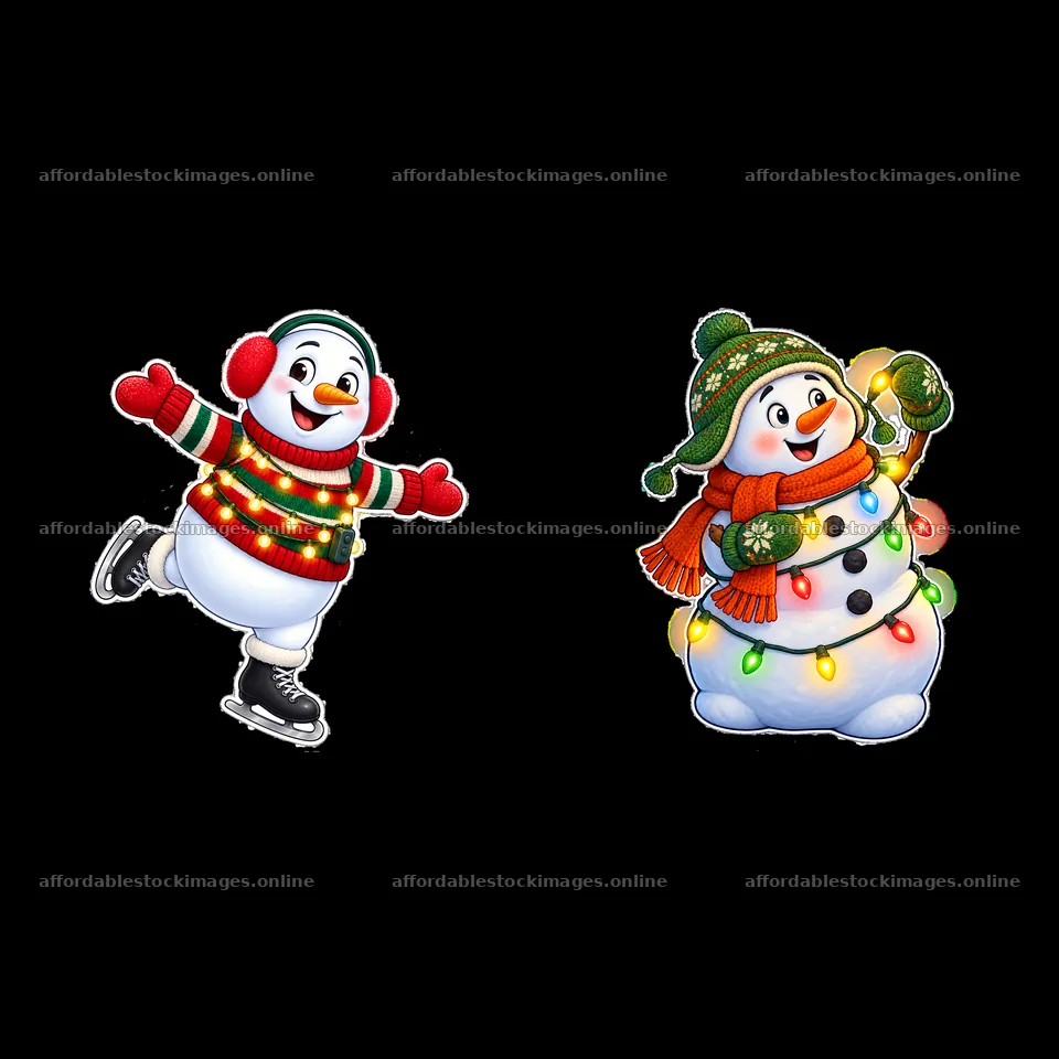 Snowman skating with lights and snowman decorating with lights – stock images 7746x7746