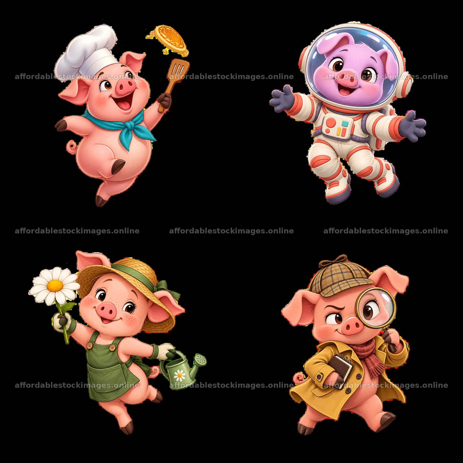 Four playful pig characters in different fun activities – stock images 7746x7746