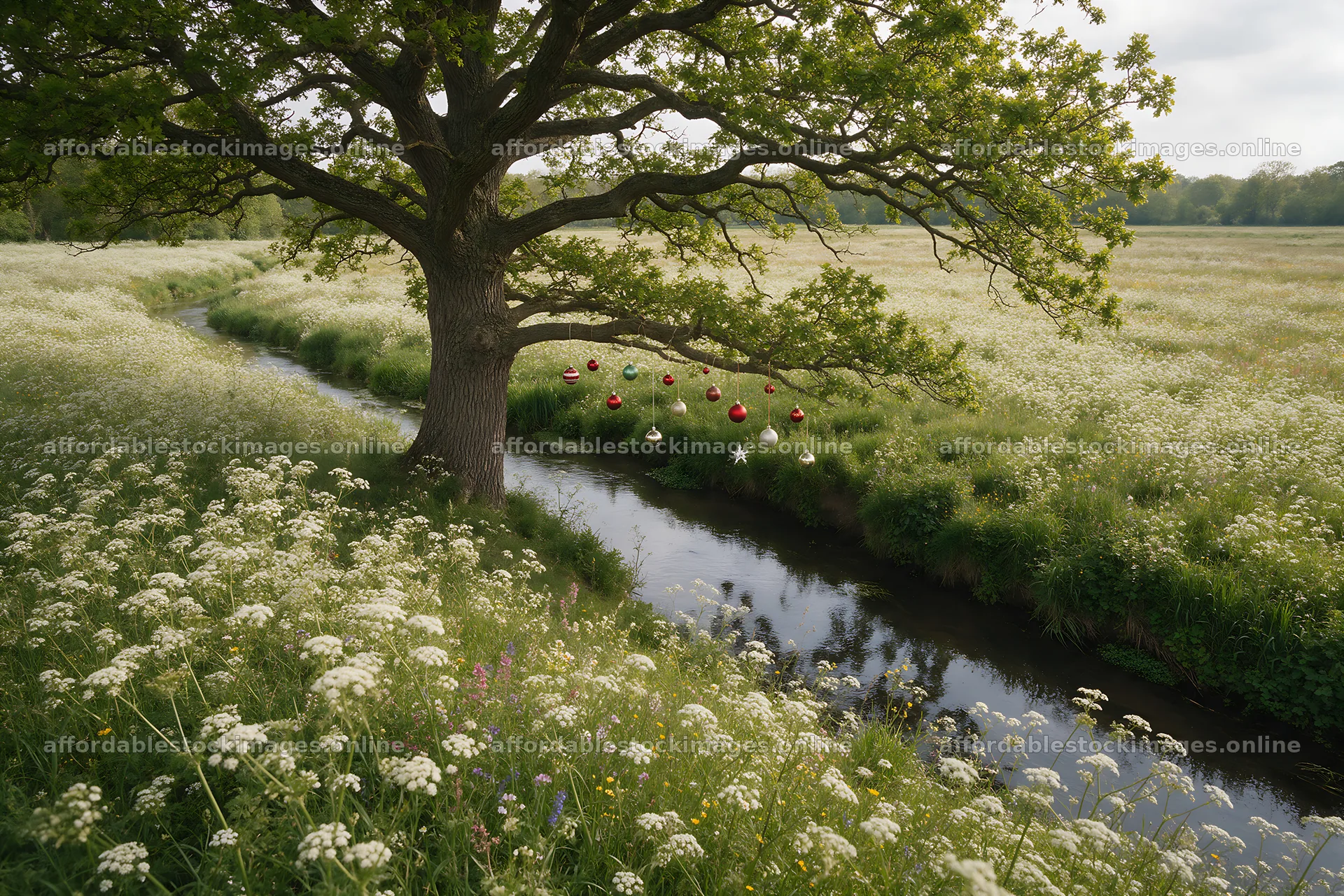 Ornaments hanging over a stream in a meadow – stock images 9722x6480