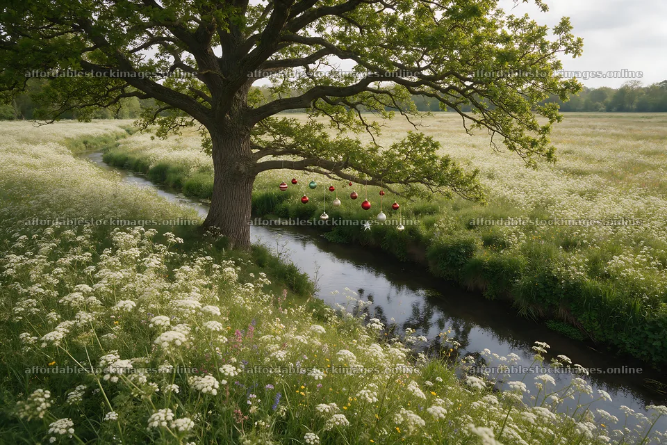 Ornaments hanging over a stream in a meadow – stock images 9722x6480