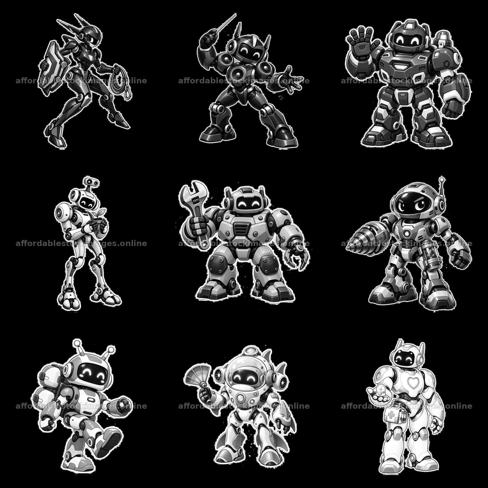 Mech robots in various poses and activities in a 3x3 layout – stock images 7746x7746
