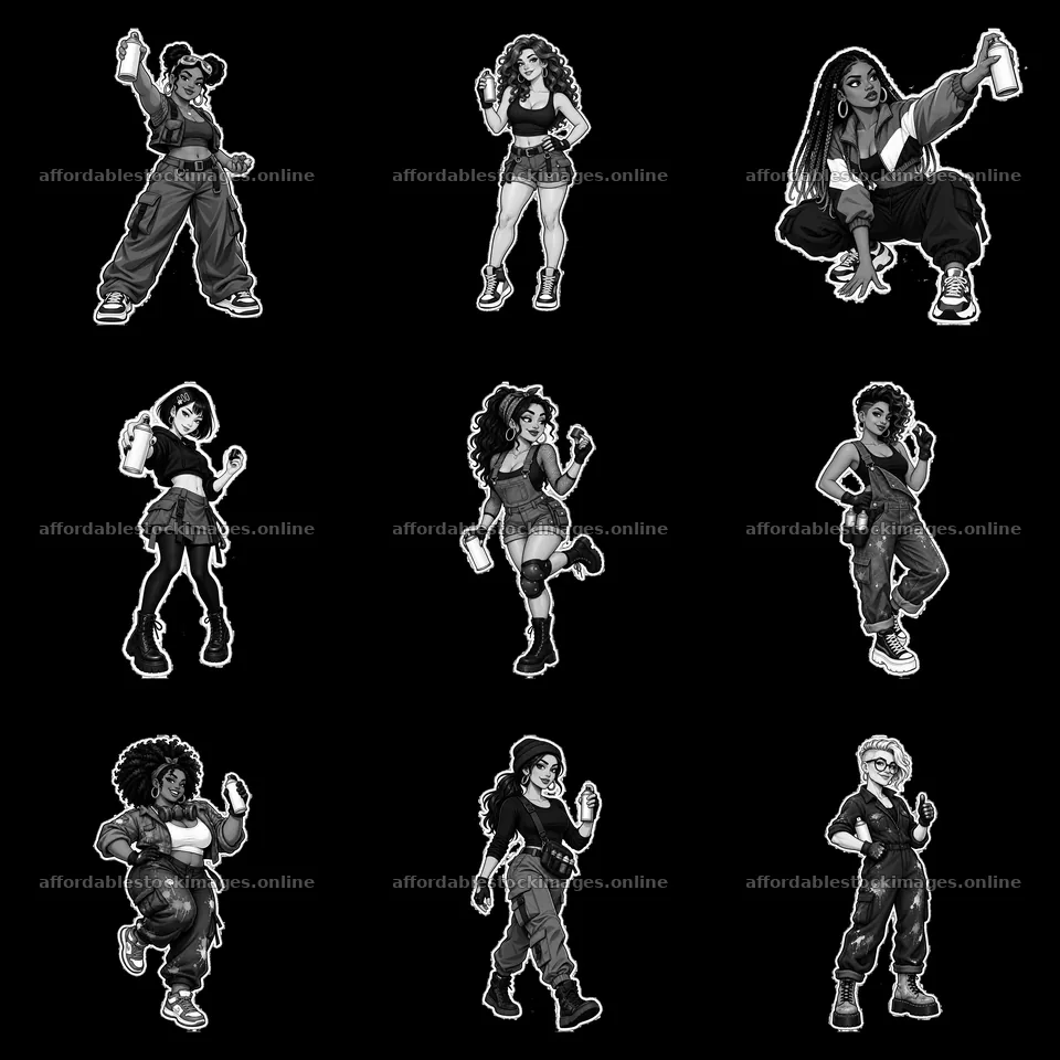 Sexy female graffiti sprayers in a 3x3 monochrome layout – stock images 7746x7746