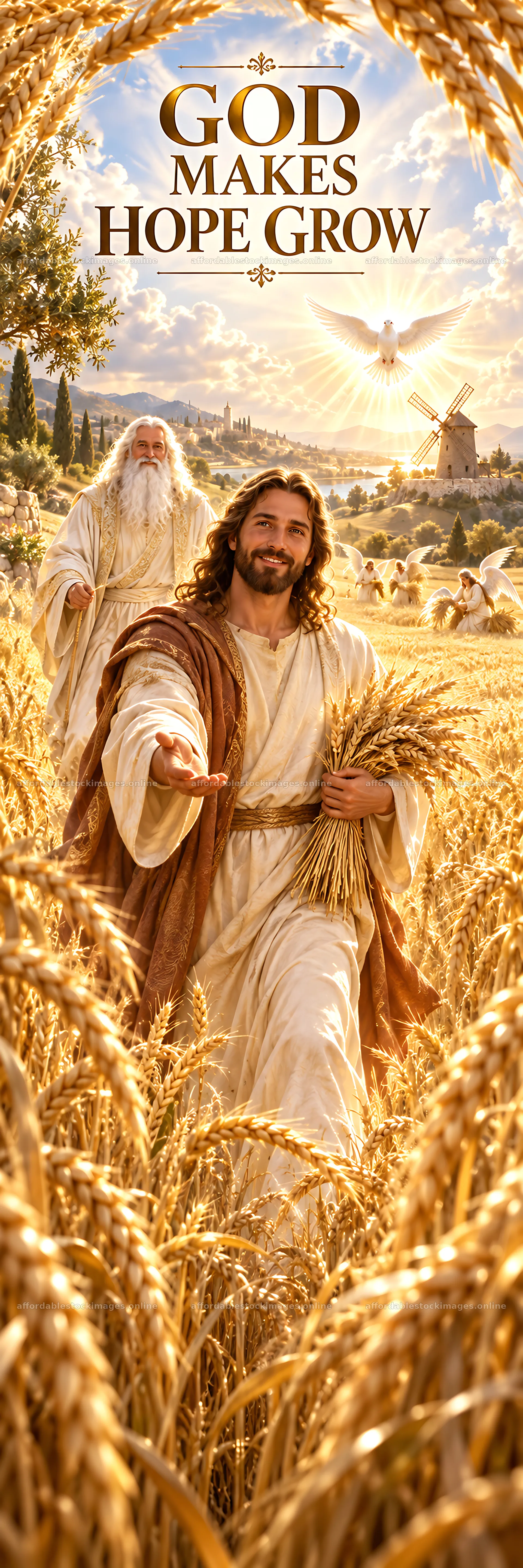 Jesus Christ walking through golden fields of wheat – stock images 4472x13417