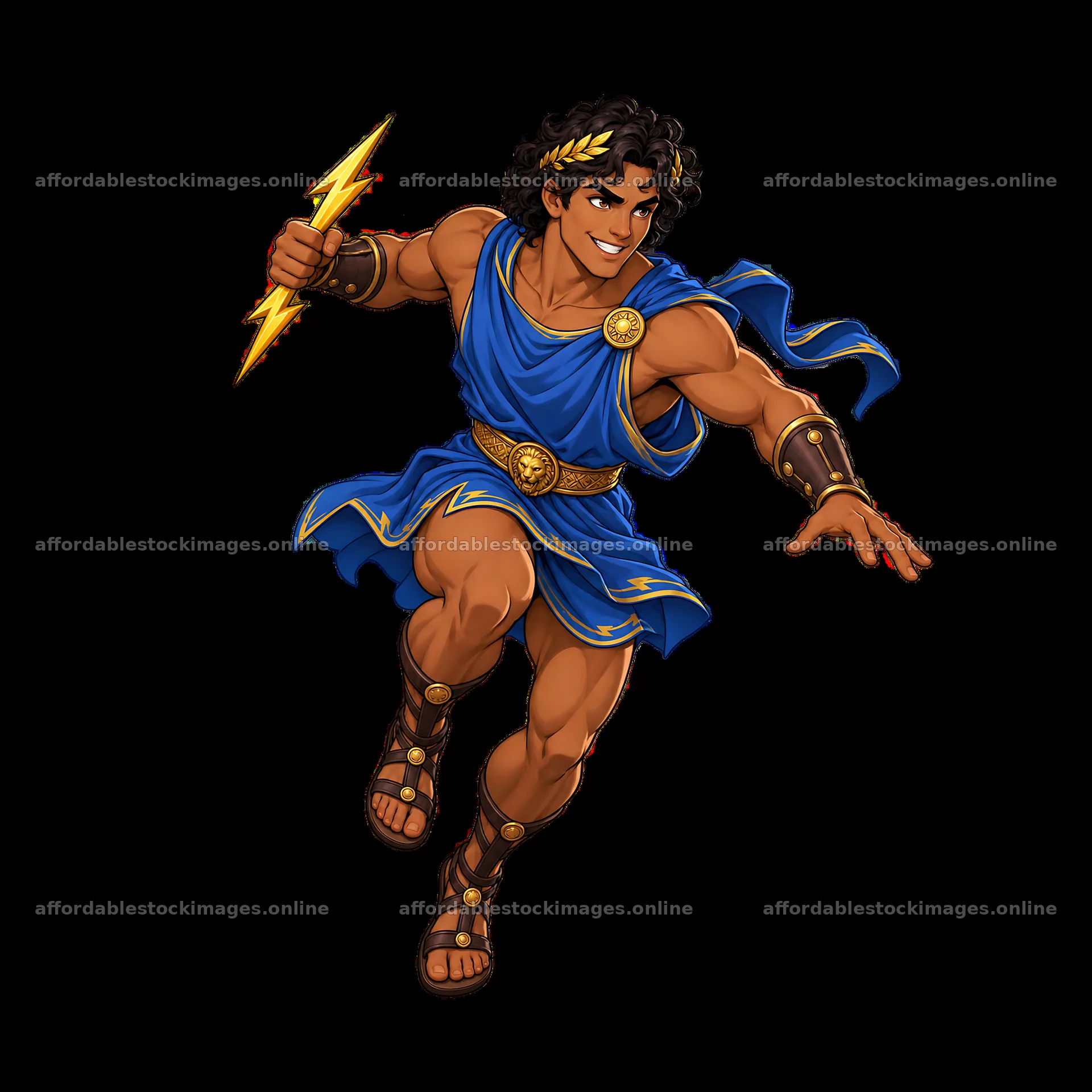 Zeus holding a lightning bolt in a dynamic running pose – stock images 7746x7746
