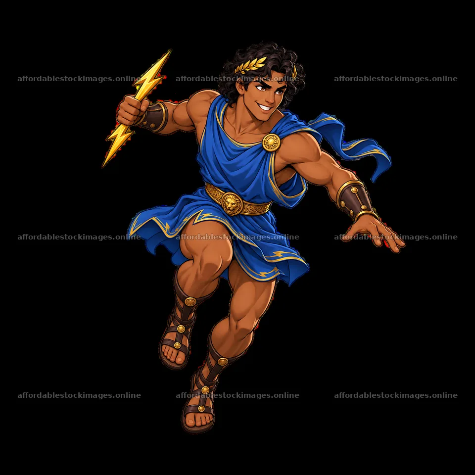 Zeus holding a lightning bolt in a dynamic running pose – stock images 7746x7746