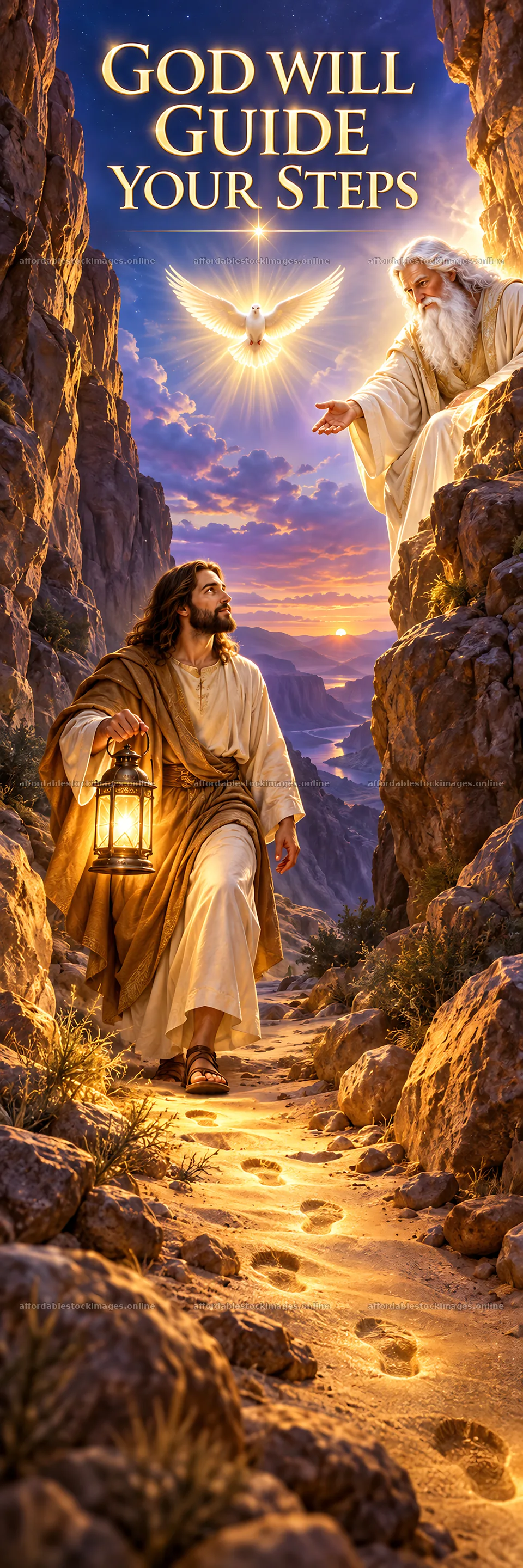 Jesus Christ guiding a person with a lantern in a mountain trail – stock images 4472x13417