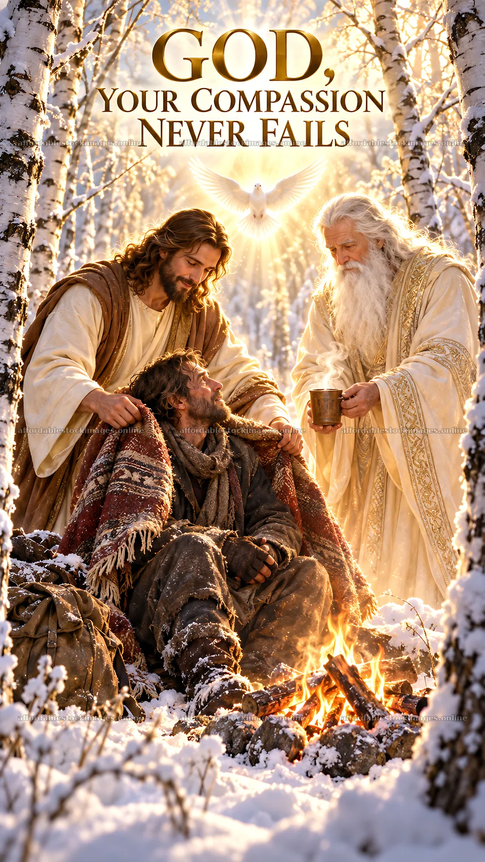 Jesus Christ comforting a suffering man in a snowy forest – stock images 5811x10326