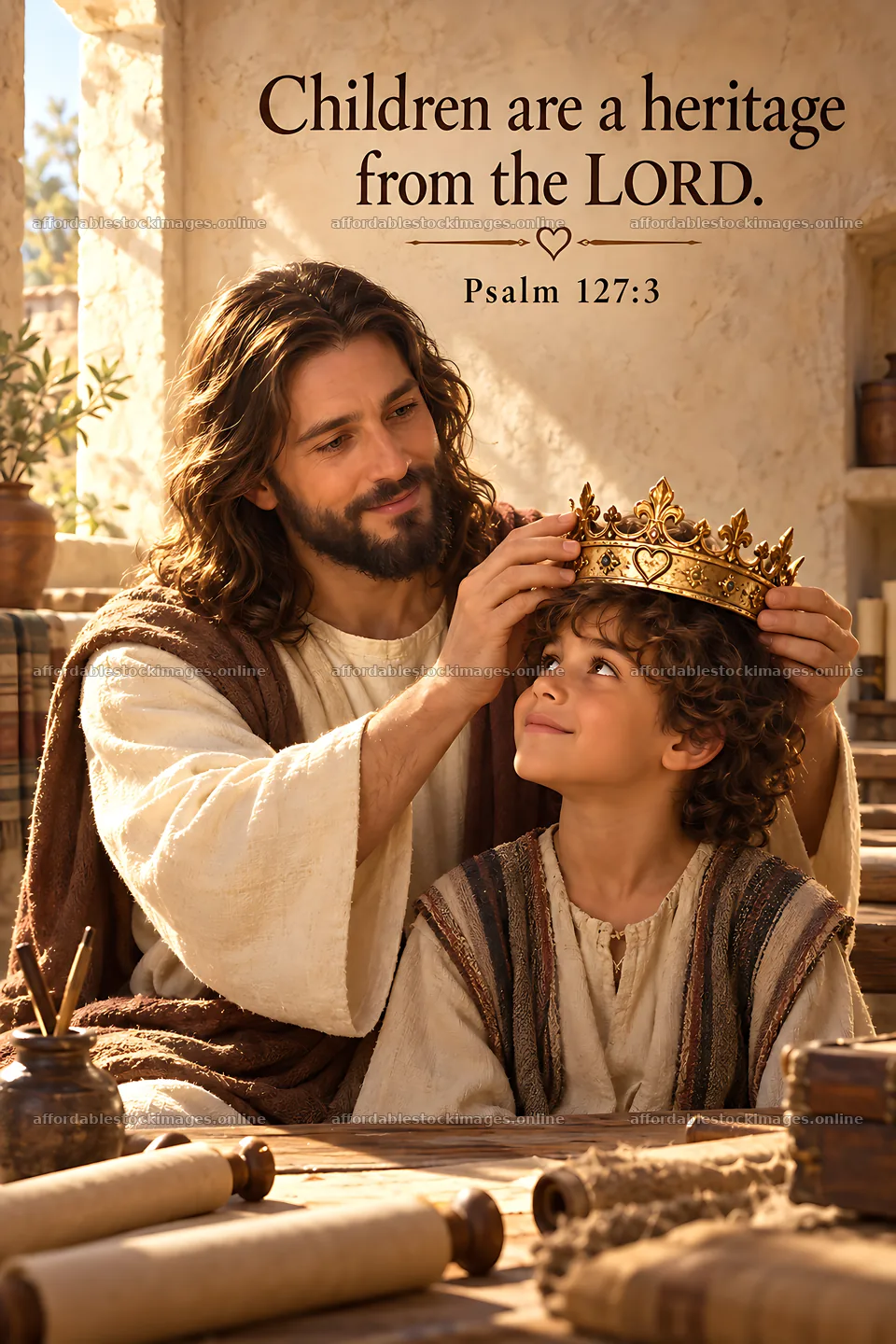 Jesus Christ placing a crown on a child's head – stock images 6480x9722