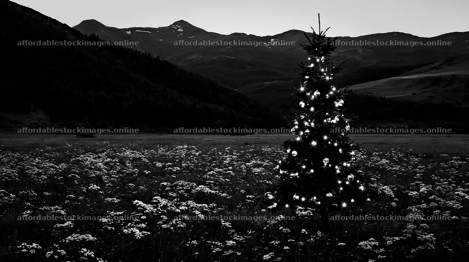 Christmas decorations beside tree in mountain valley meadow – stock images 10608x5938
