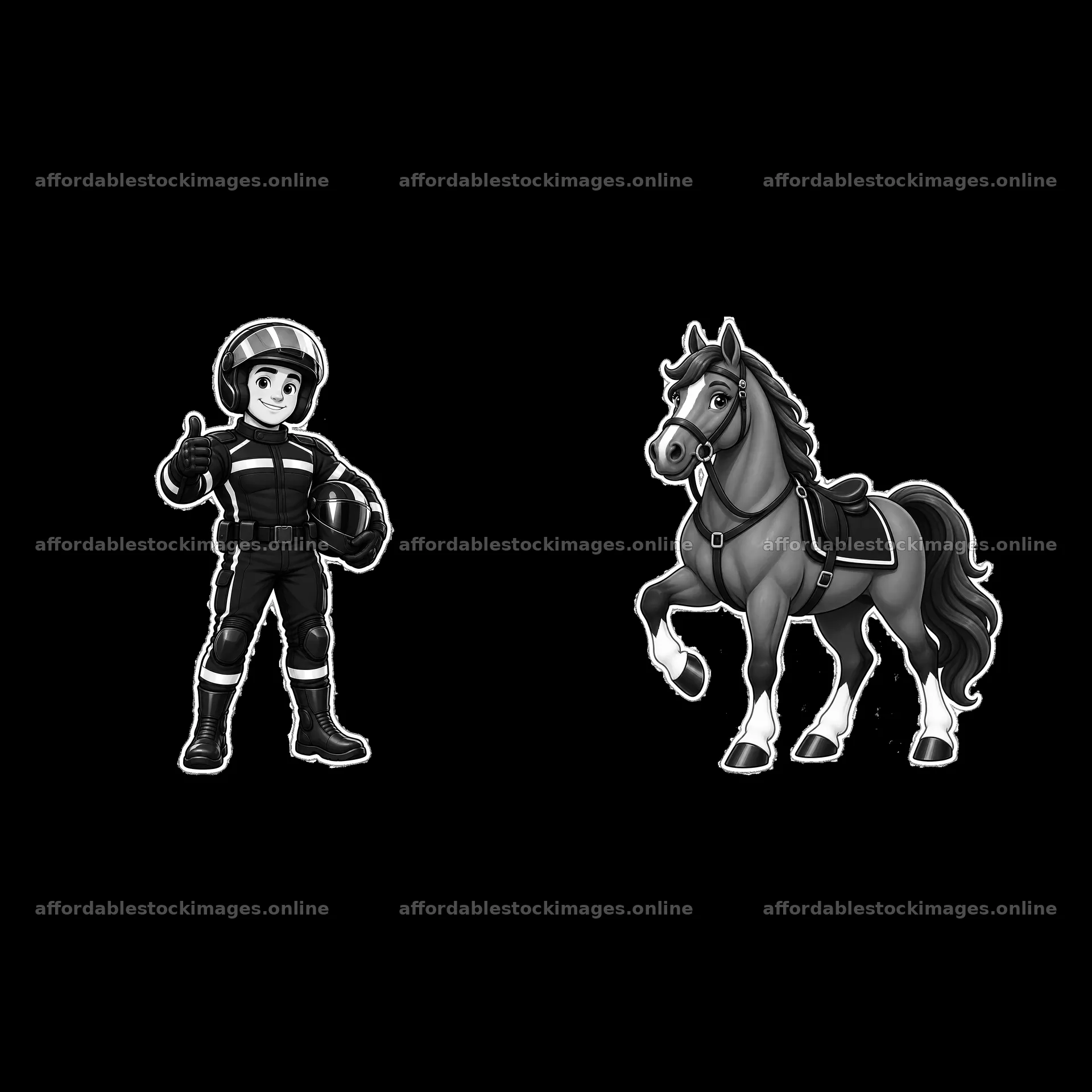 Cartoon policeman and horse in black and white sticker design – stock images 7746x7746