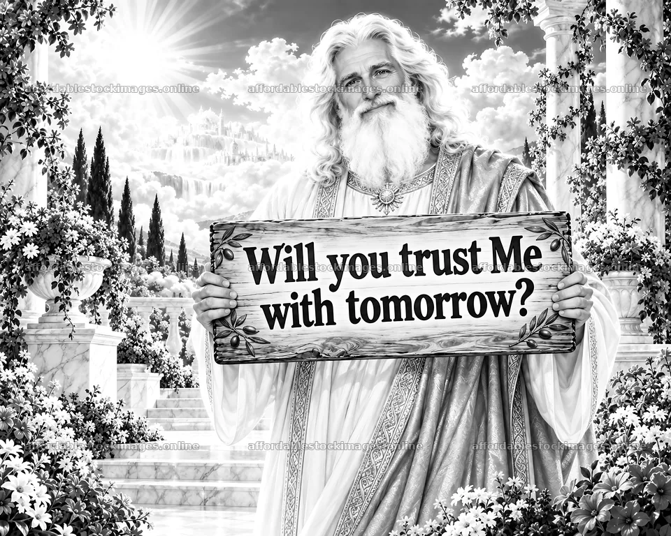 Jesus Christ holding a sign asking for trust in tomorrow – stock images 8659x6930