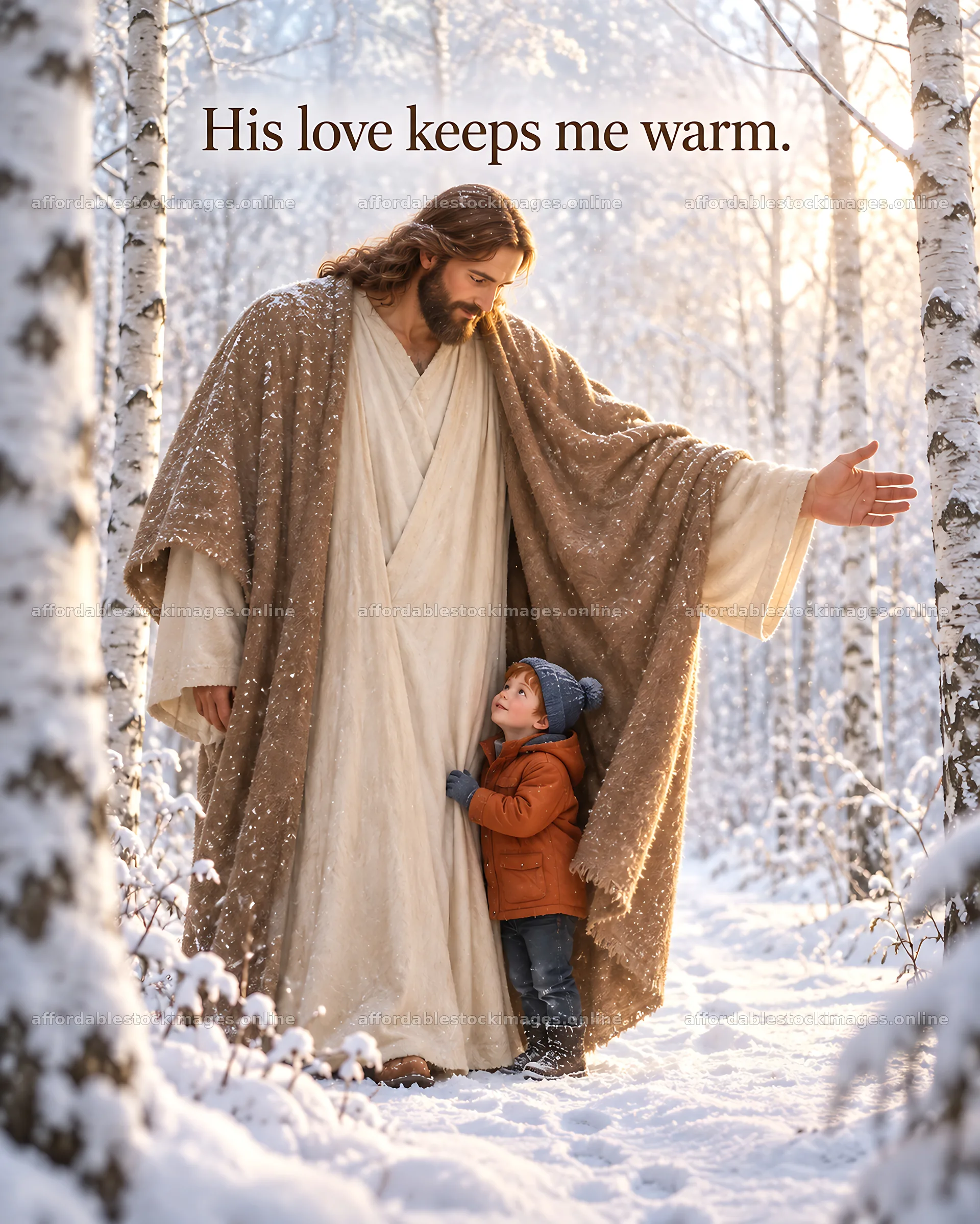 Jesus Christ comforts a child in a snowy forest – stock images 6930x8659