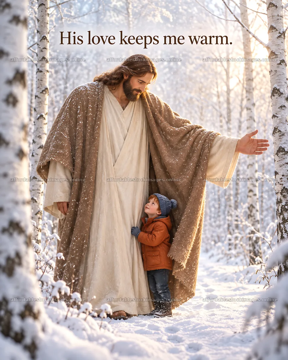 Jesus Christ comforts a child in a snowy forest – stock images 6930x8659
