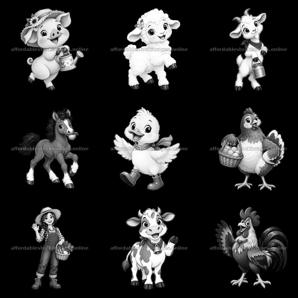 Farm animal characters in a grid layout with farming activities – stock images 7746x7746