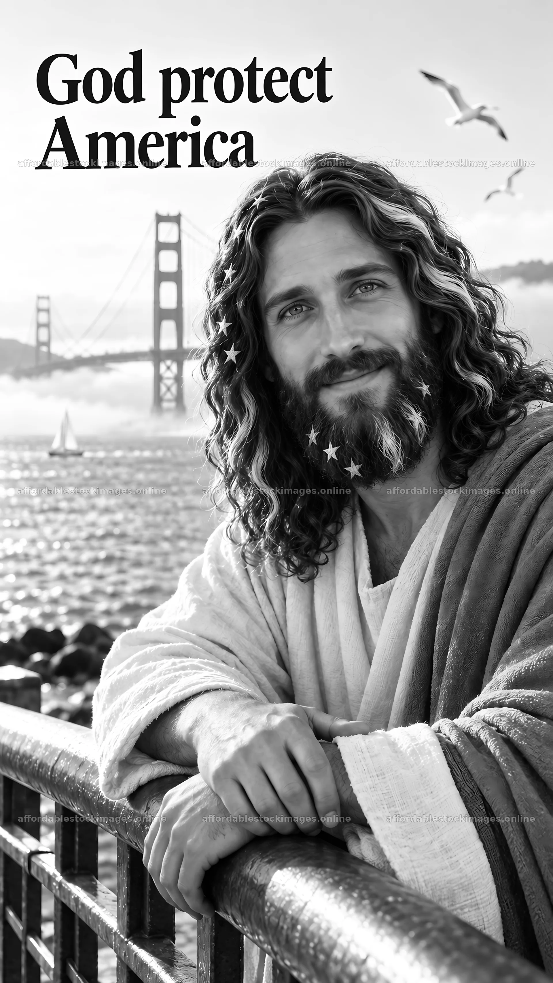 Jesus Christ by the Golden Gate Bridge offering hope – stock images 5811x10326