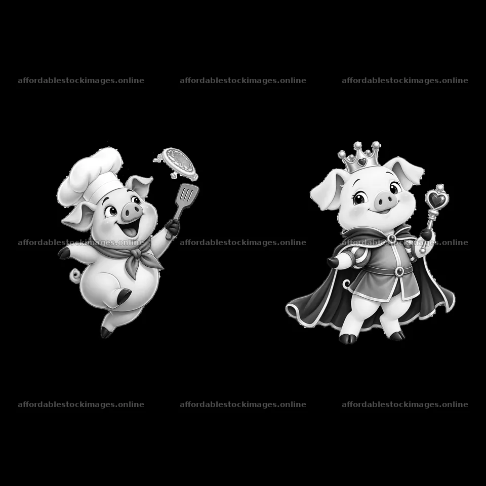 Two cartoon pigs in chef and king costumes in black and white – stock images 7746x7746