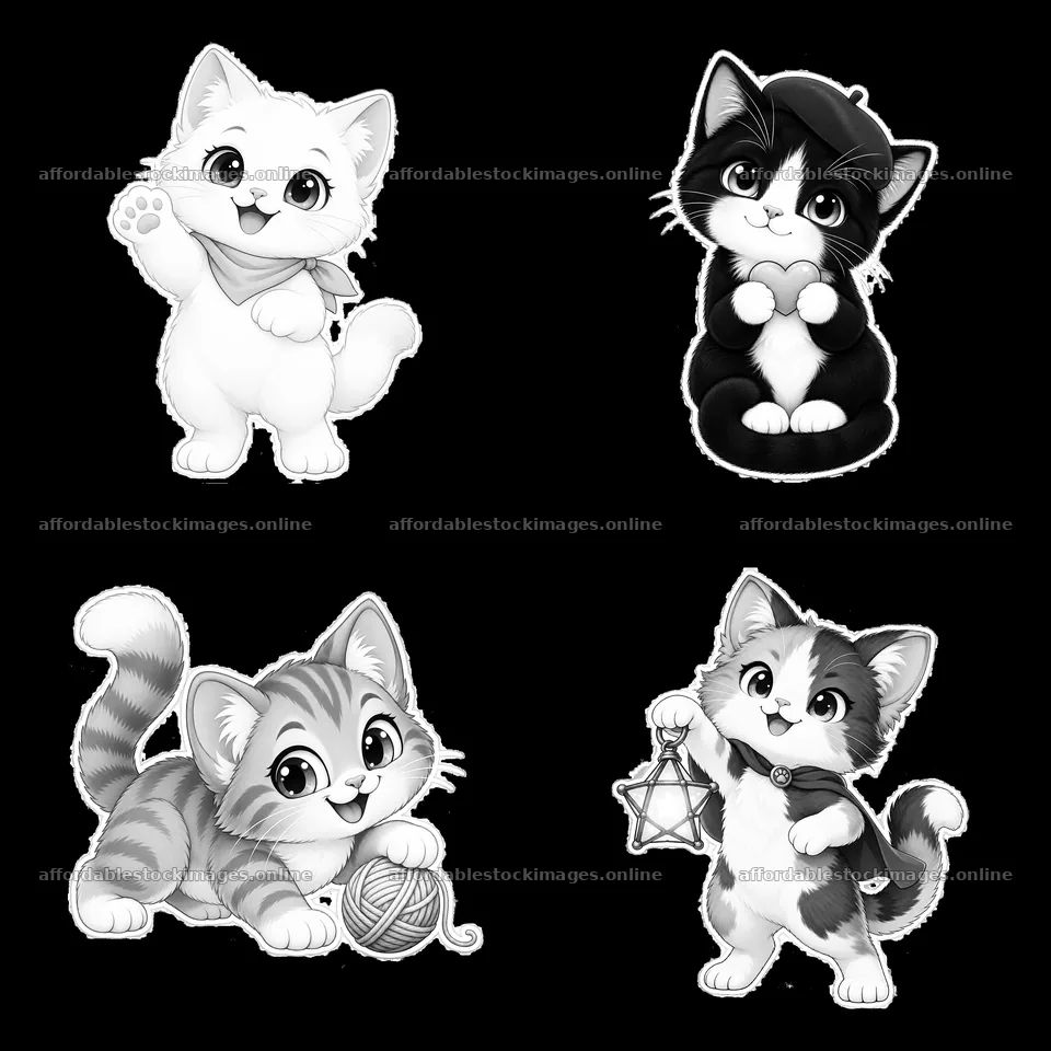 Kawaii cats in black and white cartoon sticker illustration – stock images 7746x7746