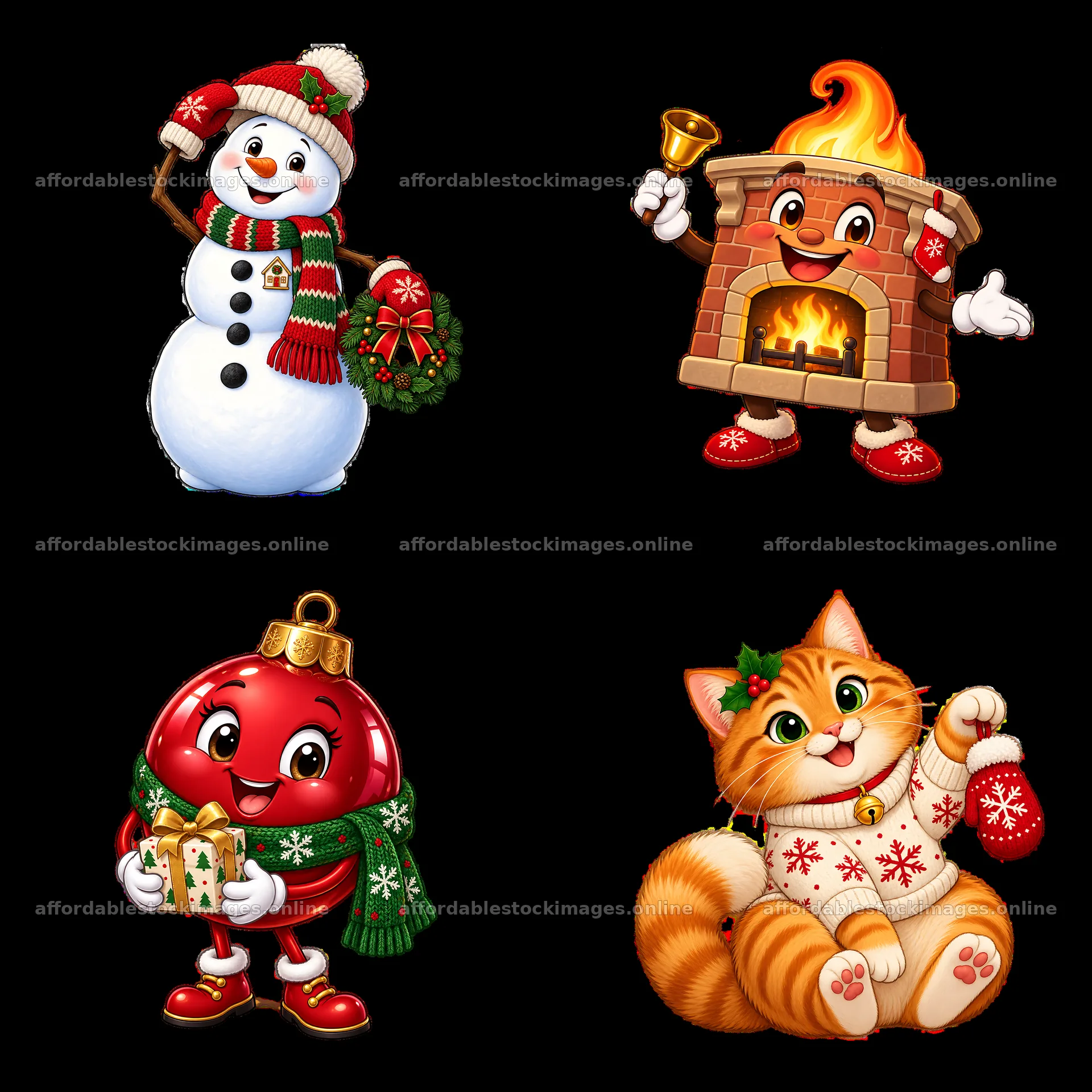 Festive stickers: snowman, fireplace, ornament, and cat – stock images 7746x7746