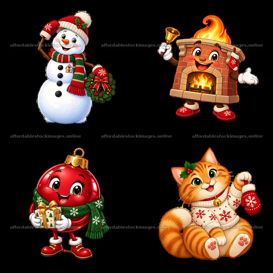 Festive stickers: snowman, fireplace, ornament, and cat – stock images 7746x7746