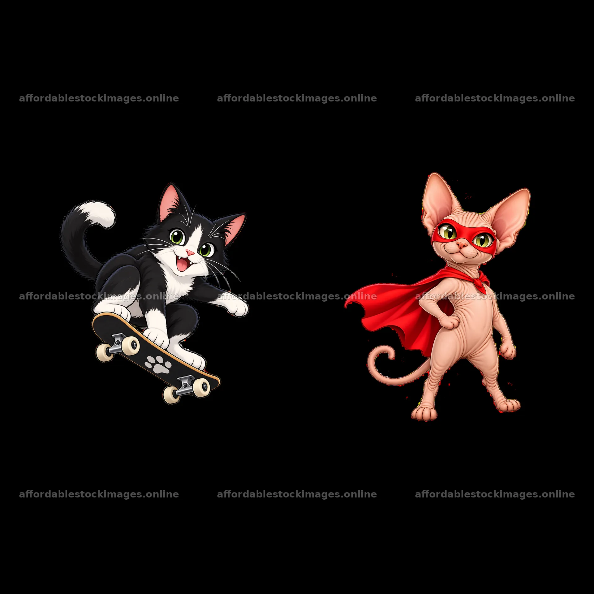 Playful black and white cat on skateboard with hero cat – stock images 7746x7746