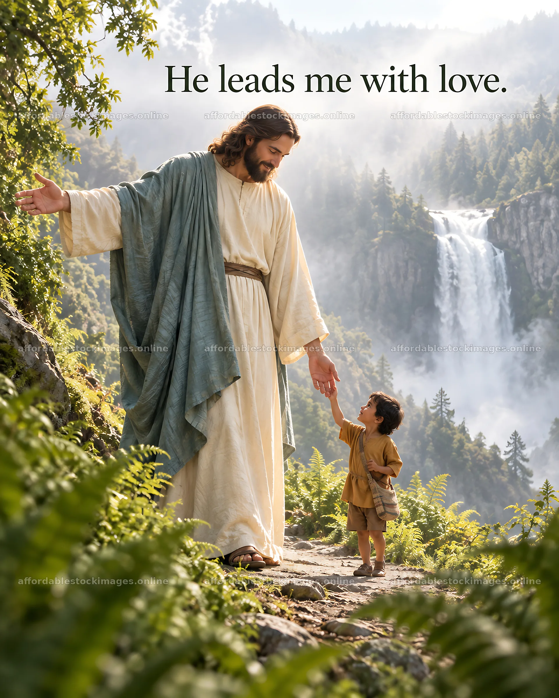 Jesus Christ leads a child by the hand – stock images 6930x8659