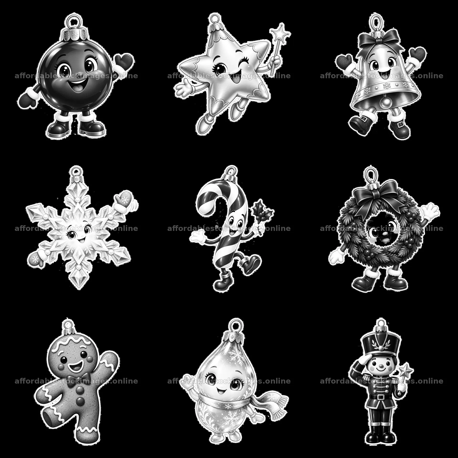 Monochrome nine cartoon figure stickers in a square arrangement – stock images 7746x7746