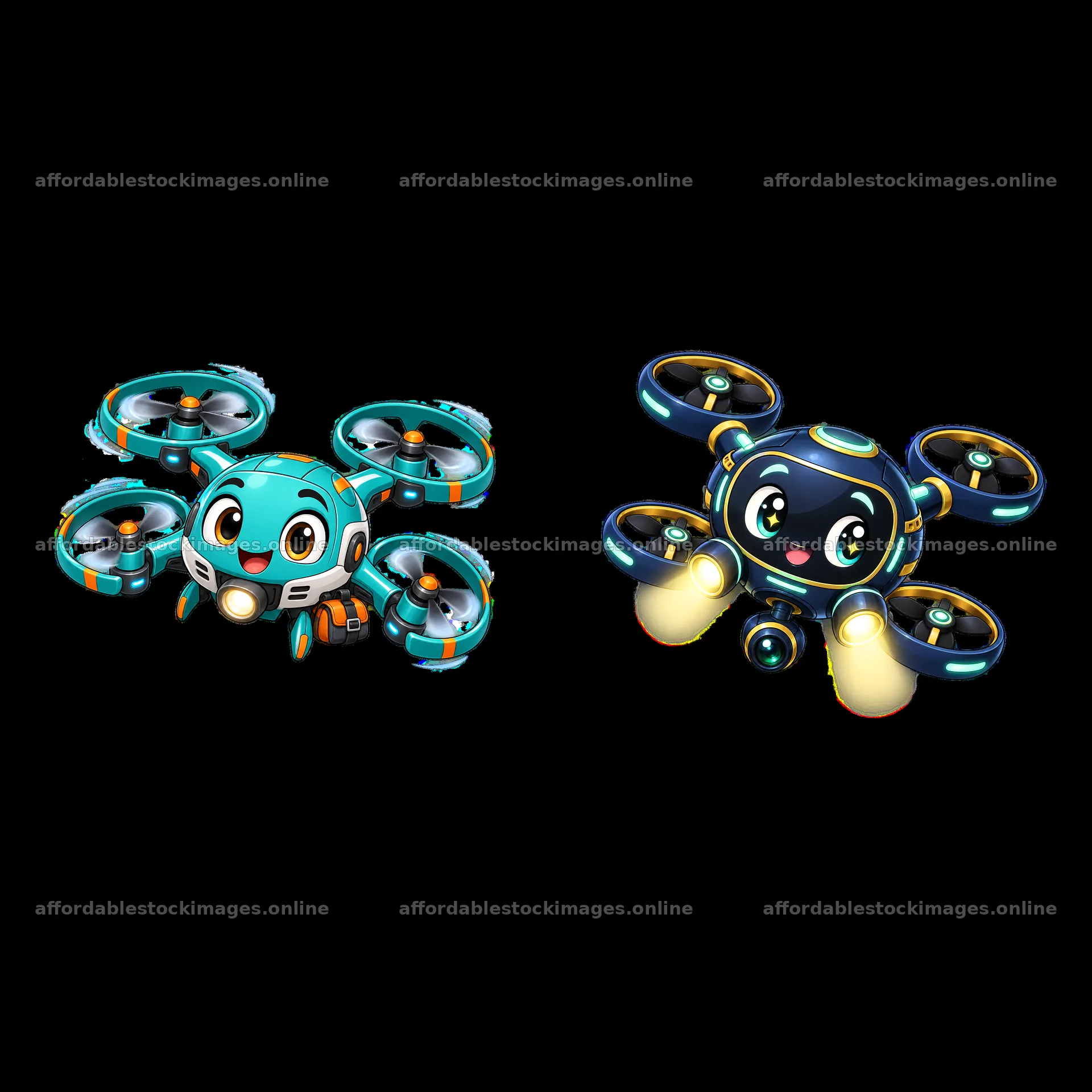 Colorful cartoon drones with smiling faces and rotating – stock images 7746x7746